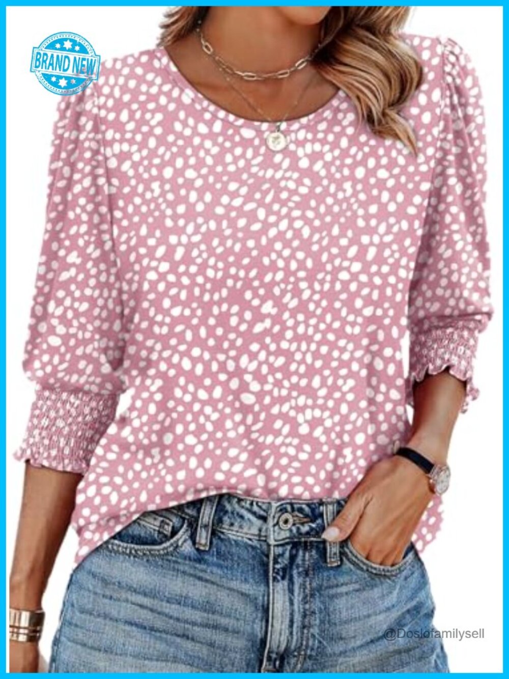Womens Blouse 3/4 Sleeve Smocked Cuff Crew Neck Business Casual Top